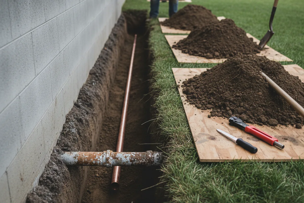 Excavated water line trench during Water Softener Installation in Rocky River